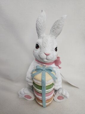 White Bunny Figurine with Pastel Treat Stack -  Decor